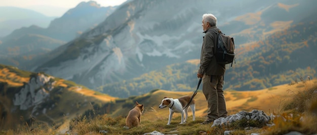 Captivating scene mature grayhaired small Jack Russell Terrier enjoying mountain nature