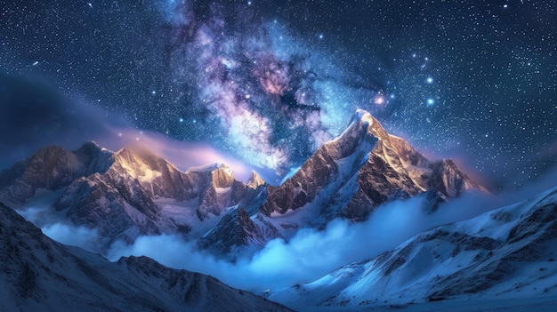 Captivating scene of the Milky Way shining brightly over snowy mountains on a winter night