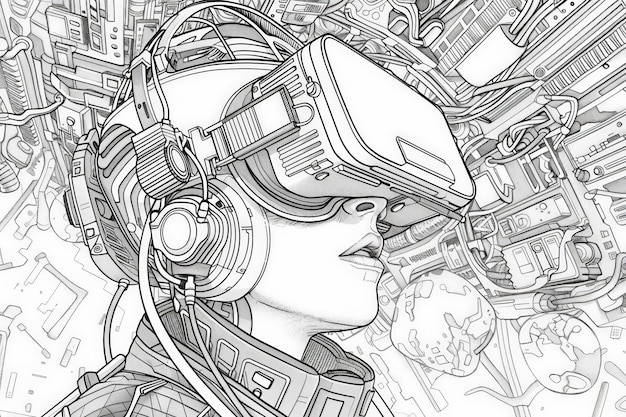 Captivating scene of a woman with VR headset surrounded by a labyrinth of tech elements