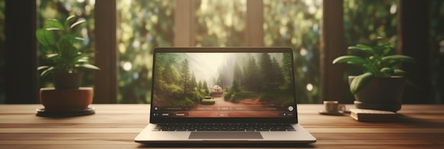 Photo captivating scenic landscape displayed on laptop screen for an immersive viewing experience