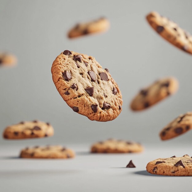 Photo captivating shot of chocolate chip cookies floating mid air