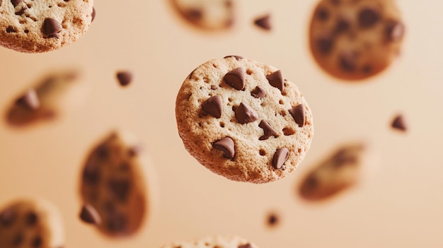 Photo captivating shot of chocolate chip cookies floating mid air