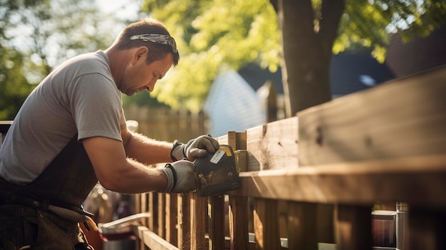 A captivating shot of a handyman repairing outdoor structures like fences or decks