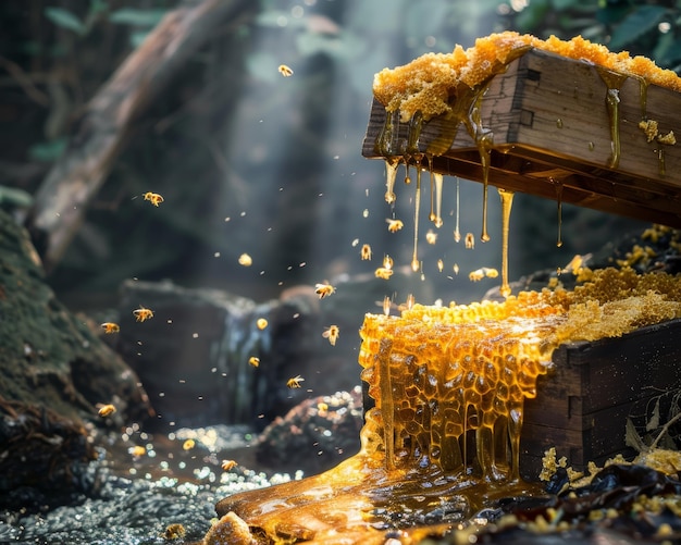 Captivating shot honey stream flowing by a cheerful beehive in a picturesque display