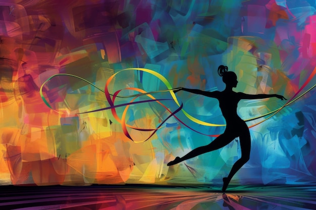 A captivating silhouette of a rhythmic gymnast in motion twirling her ribbon with grace and energy This vibrant and dynamic wallpaper showcases the beauty and skill of this sport making it an