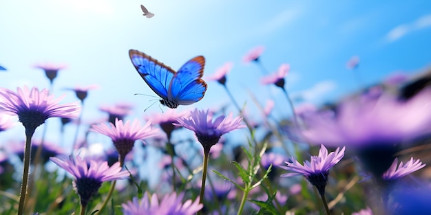 Captivating Spring Moment Butterfly in Flight Above Pink Blooms