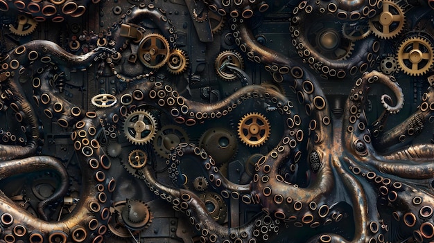 Captivating Steampunk Kraken Pattern with Intricate Metallic Tentacles and Mechanical Components in Vintage Scientific Style