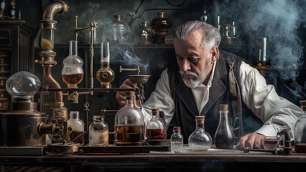 captivating steampunk portrait of a scientist surrounded by bubbling vials and mechanical apparatus capturing the blend of scientific curiosity and fantastical design in the genre