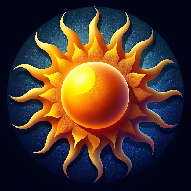 A captivating stylized sun with a fiery glow radiating warmth and energy set against a dark starry night background