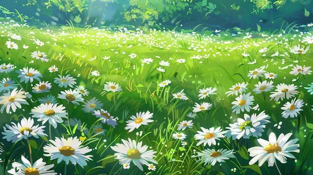 A captivating summer background depicting a green field adorned with an abundance of daisies The daisies with their white petals and golden yellow centers create a colorful and dynamic scene set