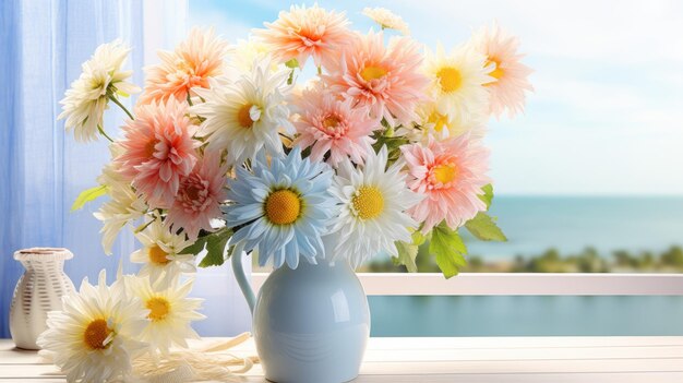 Captivating Sunflower Arrangement With White Chrysanthemums In A Cute And Colorful Vase