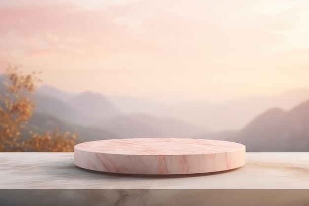 Captivating Sunrise Landscape Adorns Stone Podium Perfect Display for Natural Beauty Products