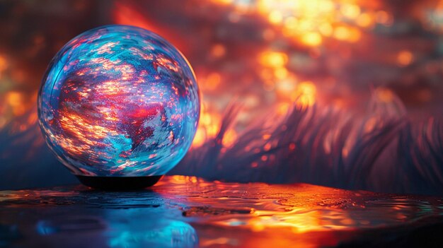 Photo captivating sunset colors reflected through glass ball on table image