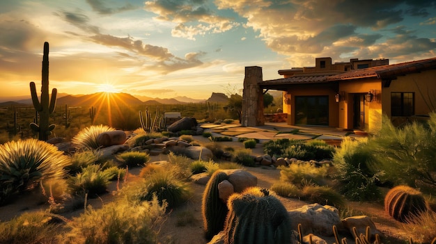 Photo captivating sunset over a desert landscape in scottsdale highlighting native plants and architecture