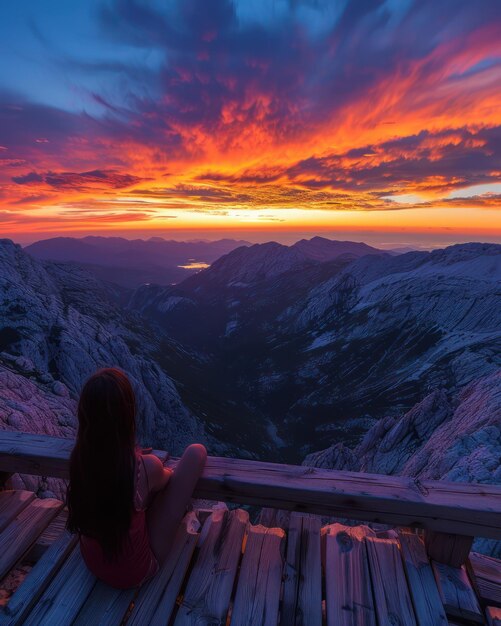 Photo captivating sunset in the mountains woman relaxing and enjoying the majestic landscape vibrant