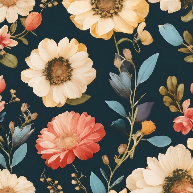 Captivating Symphony of Colorful Flowers Illustrations and Petals in a Seamless Floral Art Pattern