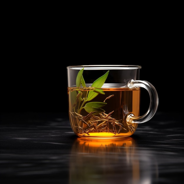 Captivating Tea Glass with Realistic Tea Leaf Product Photography on Dark Background