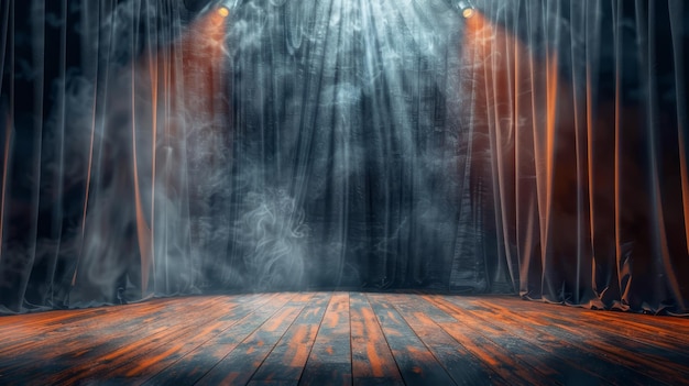 Photo captivating theater stage with dramatic lighting and smoke filled atmosphere highlighting wooden