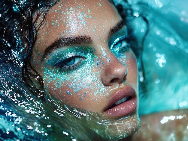 Photo captivating underwater beauty aquatic themed model in shimmering glitz