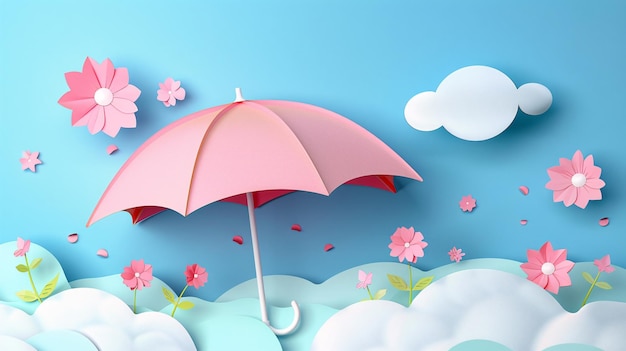 A captivating vector depiction of a cute umbrella featuring a charming papercut design reminiscent of a fairytale scene complete with softly shaded pastels and ample negative space for text