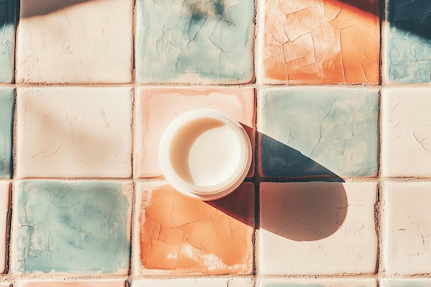 Photo a captivating view of a cream jar on colorful tiled surface showcasing modern aesthetics and natural beauty