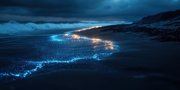 Photo a captivating view of glowing waves at night illuminating the shore with vibrant blue light under a dramatic sky