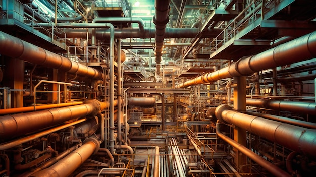 A captivating view of an industrial zone showcasing the intricate steel pipelines and equipment