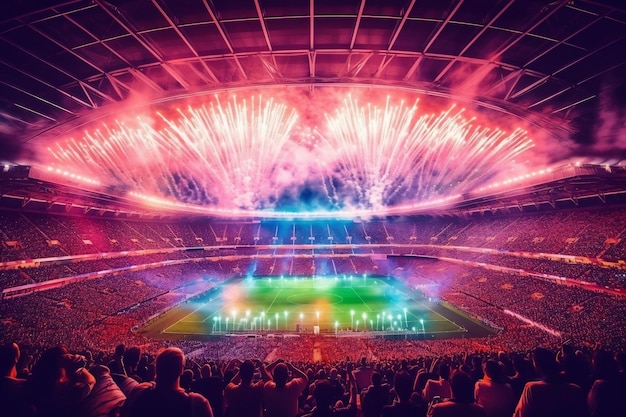 A captivating view inside a soccer stadium with enthusiastic fans Generative Ai