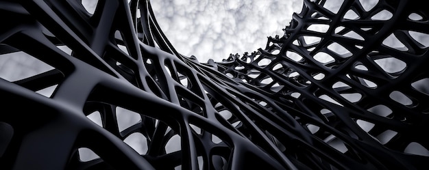 A captivating view of intricate black lattice structures under a cloudy sky showcasing design and modern architecture