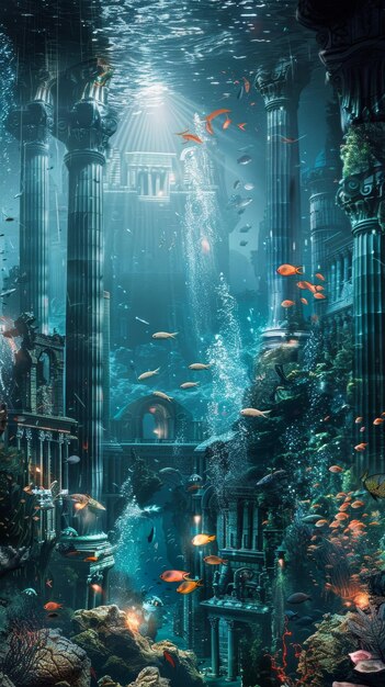 Photo a captivating view of the mythical city of atlantis submerged underwater with ancient ruins