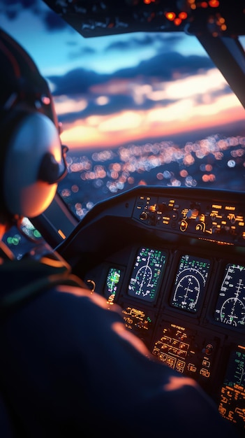 A captivating view of a pilot in a cockpit during sunset showcasing advanced flight instruments and atmospheric lights