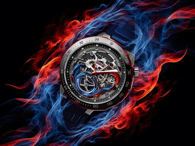 Captivating view of watch amidst swirling blue and red flames