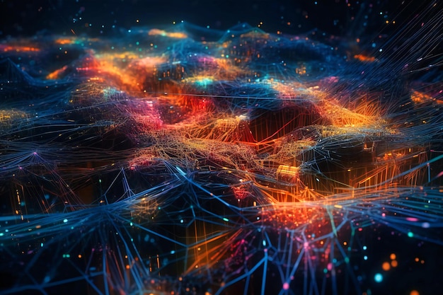 A captivating visualization of digital cyberspace where particles and network connections coalesce to form intricate patterns