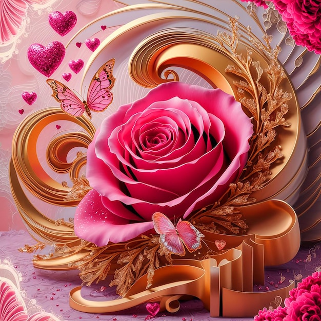 A captivating and vivid fine art illustration featuring a large pink rose