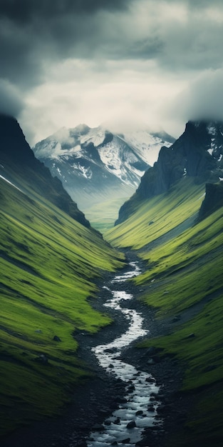 Captivating Water Stream In Green Mountain Valley With Snow Covered Mountains