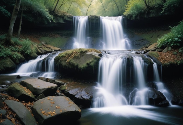 Captivating Waterfall in Motion with Lush Green Grass and Trees Creating a Picturesque Natural Scene