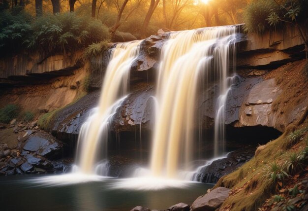 Captivating Waterfall in Motion with Lush Green Grass and Trees Creating a Picturesque Natural Scene