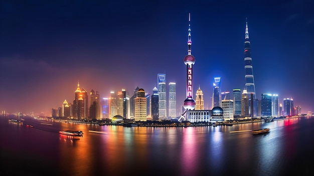 A captivating wideangle view of Shanghai Pudong's skyline during the blue hour highlighting its iconic buildings