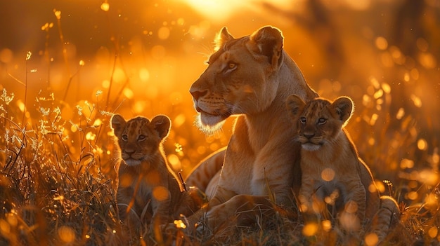 Captivating wildlife photograph of a lioness with her cubs during a golden sunset