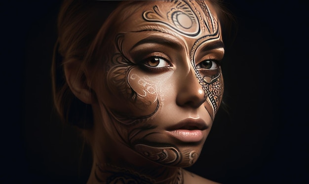 A captivating woman adorned her face with stunning tattooinspired designs Creating using generative AI tools