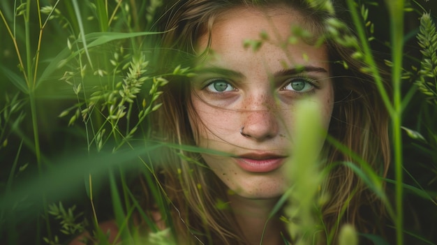 Captivating woman surrounded by lush greenery