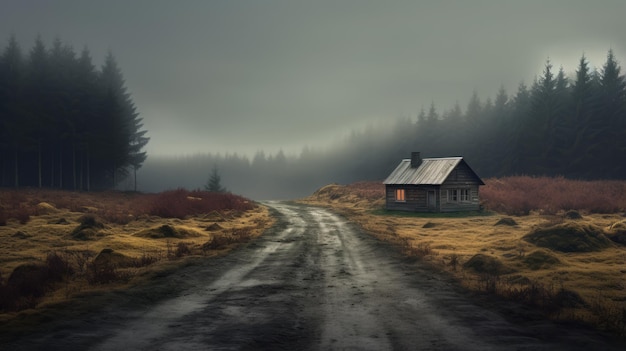 Captivating Wooden Cabin On A Gloomy Dirt Road