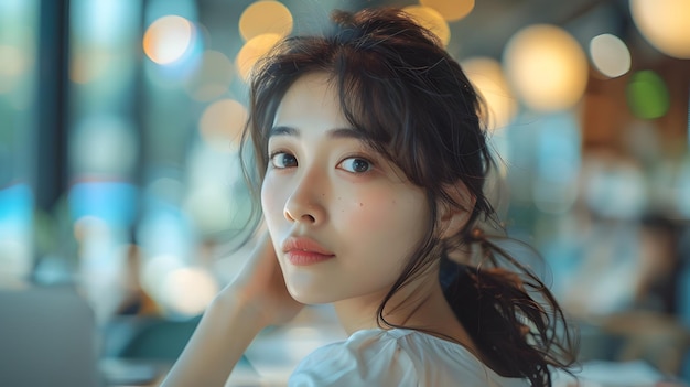 Captivating Young Asian Woman Gazes Thoughtfully in Vibrant City Nightscape