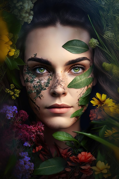 A captivating young woman with her countenance graced by verdant plants and colorful flowers AIGenerated