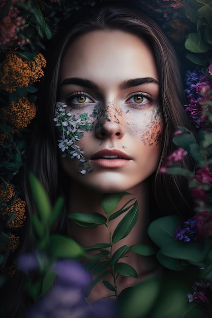 A captivating young woman with her countenance graced by verdant plants and colorful flowers AIGenerated