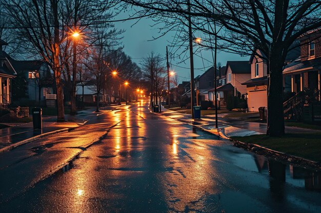 Capture the Cinematic Ambience of a Residential Street Immersed in Night Rain Conveying Mystique and Serenity