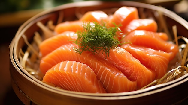 Capture a close up of a beautifully arranged plate of salmon sashimi in a traditional Japanese restaurant The Generative AI