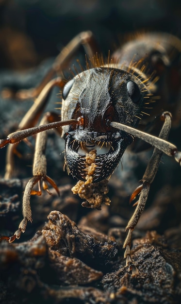 Capture detailed macro shot of a swarm of ants working on the ground ai generated