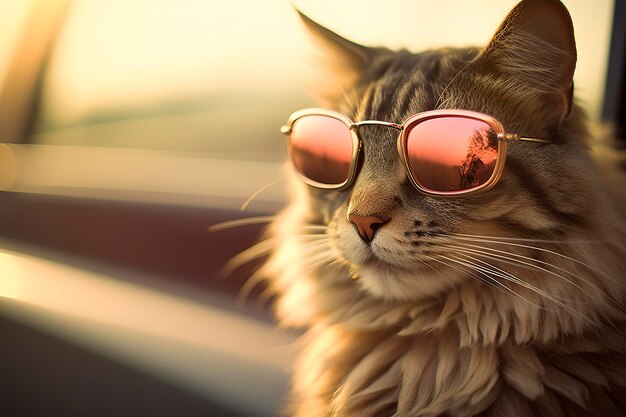 Capture a dreamy reflection by photographing a cat wearing sunglasses with a vintage Leica M6 highlighting the texture and contrast of an old timer car AI Generative