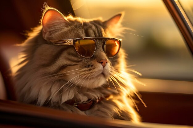 Capture a dreamy reflection by photographing a cat wearing sunglasses with a vintage Leica M6 highlighting the texture and contrast of an old timer car AI Generative